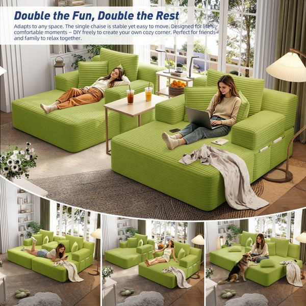 English Elm Oversized Plush Corduroy Convertible Chaise Lounge Sleeper with Storage Pocket Pillows Light Green W3219S00030