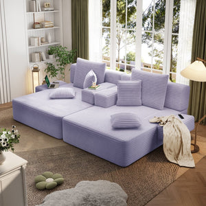 English Elm Oversized Plush Corduroy Convertible Chaise Lounge Sleeper with Storage Pocket Pillows Purple W3219S00031