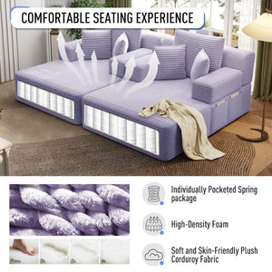 English Elm Oversized Plush Corduroy Convertible Chaise Lounge Sleeper with Storage Pocket Pillows Purple W3219S00031