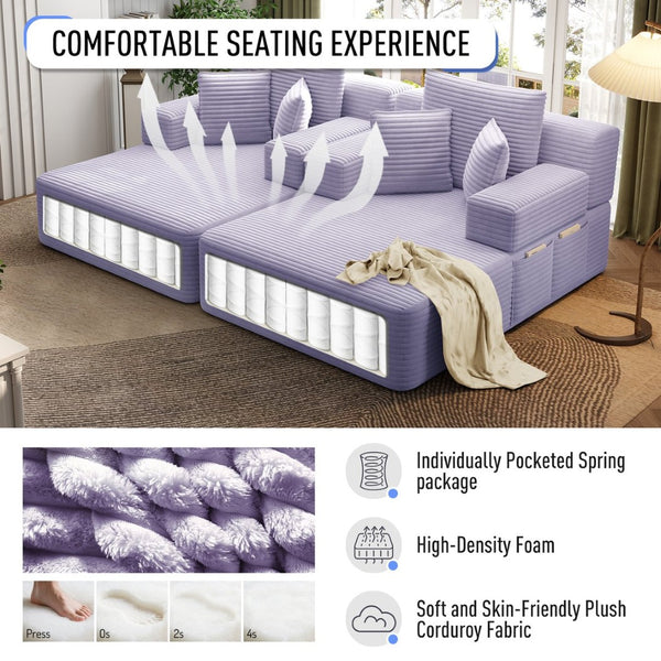 English Elm Oversized Plush Corduroy Convertible Chaise Lounge Sleeper with Storage Pocket Pillows Purple W3219S00031