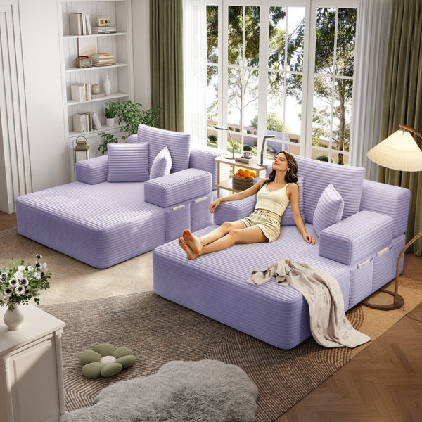 English Elm Oversized Plush Corduroy Convertible Chaise Lounge Sleeper with Storage Pocket Pillows Purple W3219S00031