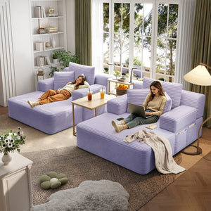 English Elm Oversized Plush Corduroy Convertible Chaise Lounge Sleeper with Storage Pocket Pillows Purple W3219S00031