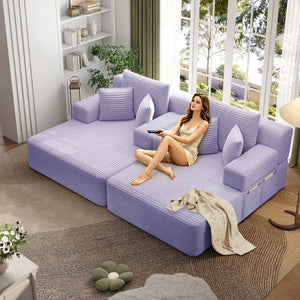 English Elm Oversized Plush Corduroy Convertible Chaise Lounge Sleeper with Storage Pocket Pillows Purple W3219S00031
