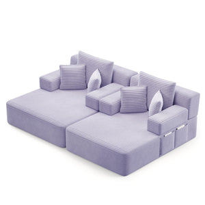 English Elm Oversized Plush Corduroy Convertible Chaise Lounge Sleeper with Storage Pocket Pillows Purple W3219S00031