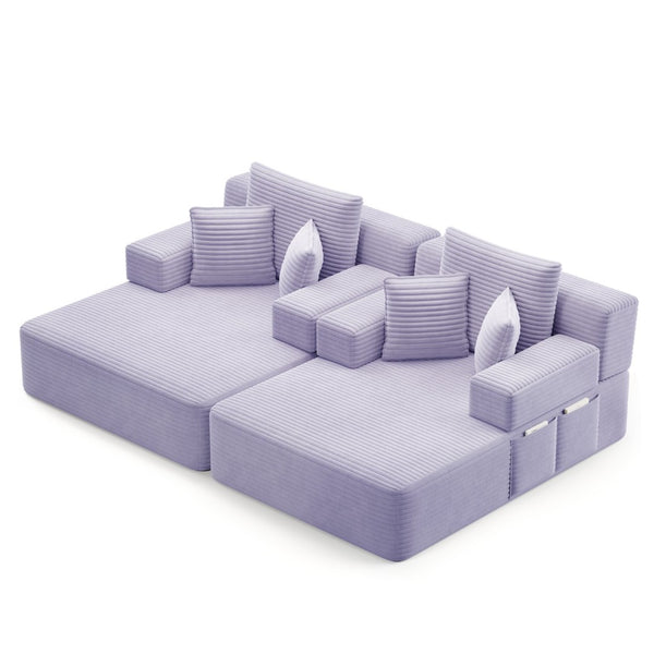 English Elm Oversized Plush Corduroy Convertible Chaise Lounge Sleeper with Storage Pocket Pillows Purple W3219S00031