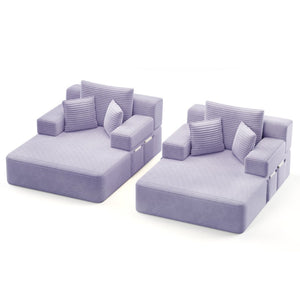 English Elm Oversized Plush Corduroy Convertible Chaise Lounge Sleeper with Storage Pocket Pillows Purple W3219S00031