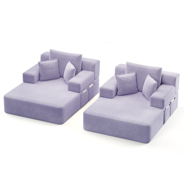 English Elm Oversized Plush Corduroy Convertible Chaise Lounge Sleeper with Storage Pocket Pillows Purple W3219S00031
