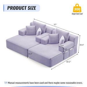 English Elm Oversized Plush Corduroy Convertible Chaise Lounge Sleeper with Storage Pocket Pillows Purple W3219S00031
