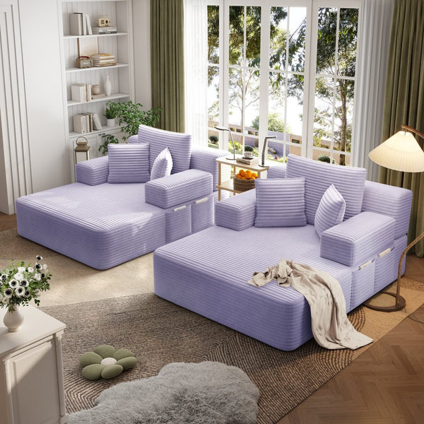 English Elm Oversized Plush Corduroy Convertible Chaise Lounge Sleeper with Storage Pocket Pillows Purple W3219S00031