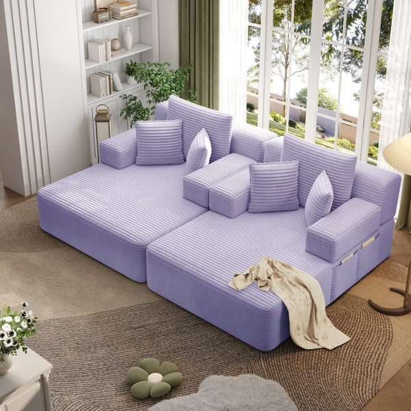 English Elm Oversized Plush Corduroy Convertible Chaise Lounge Sleeper with Storage Pocket Pillows Purple W3219S00031