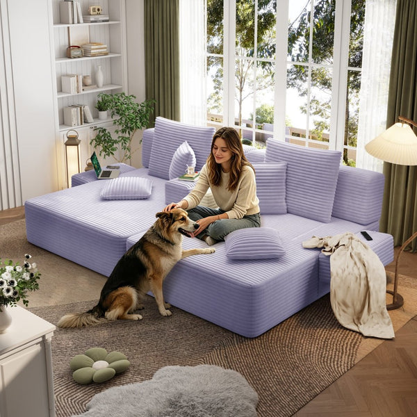 English Elm Oversized Plush Corduroy Convertible Chaise Lounge Sleeper with Storage Pocket Pillows Purple W3219S00031