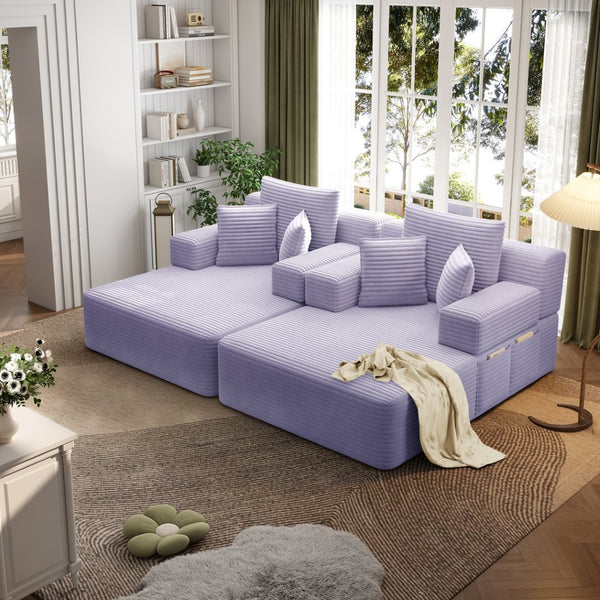 English Elm Oversized Plush Corduroy Convertible Chaise Lounge Sleeper with Storage Pocket Pillows Purple W3219S00031