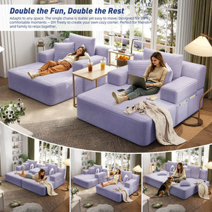 English Elm Oversized Plush Corduroy Convertible Chaise Lounge Sleeper with Storage Pocket Pillows Purple W3219S00031
