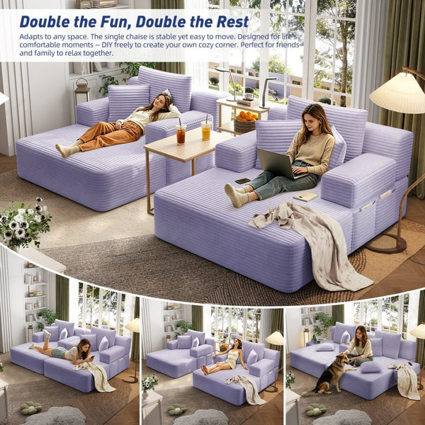 English Elm Oversized Plush Corduroy Convertible Chaise Lounge Sleeper with Storage Pocket Pillows Purple W3219S00031