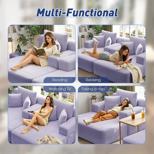 English Elm Oversized Plush Corduroy Convertible Chaise Lounge Sleeper with Storage Pocket Pillows Purple W3219S00031