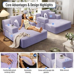 English Elm Oversized Plush Corduroy Convertible Chaise Lounge Sleeper with Storage Pocket Pillows Purple W3219S00031