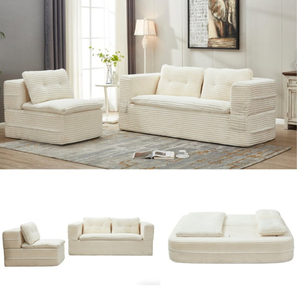English Elm Multi Functional Corduroy Sectional Sofa with Convertible King Bed Chaise and Built-In Throw Beige+White W3219S00032