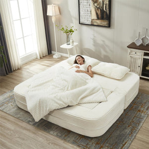 English Elm Multi Functional Corduroy Sectional Sofa with Convertible King Bed Chaise and Built-In Throw Beige+White W3219S00032