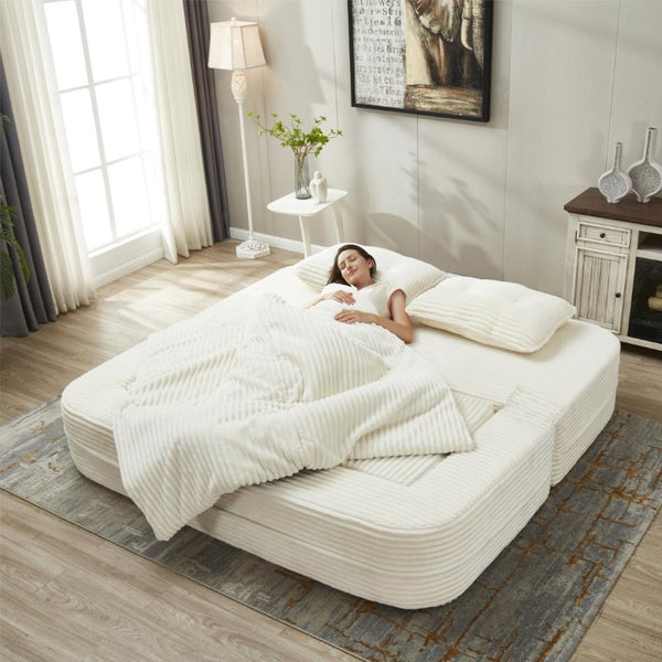English Elm Multi Functional Corduroy Sectional Sofa with Convertible King Bed Chaise and Built-In Throw Beige+White W3219S00032