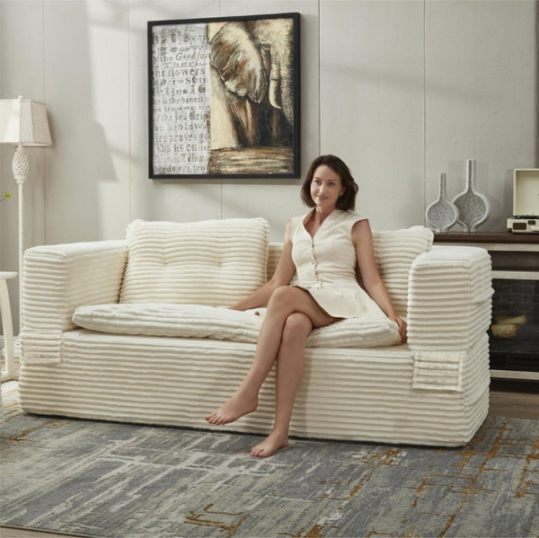 English Elm Multi Functional Corduroy Sectional Sofa with Convertible King Bed Chaise and Built-In Throw Beige+White W3219S00032
