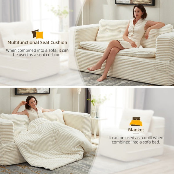 English Elm Multi Functional Corduroy Sectional Sofa with Convertible King Bed Chaise and Built-In Throw Beige+White W3219S00032