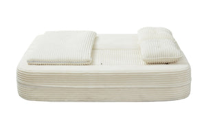 English Elm Multi Functional Corduroy Sectional Sofa with Convertible King Bed Chaise and Built-In Throw Beige+White W3219S00032