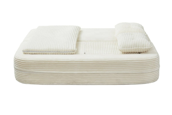 English Elm Multi Functional Corduroy Sectional Sofa with Convertible King Bed Chaise and Built-In Throw Beige+White W3219S00032