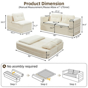 English Elm Multi Functional Corduroy Sectional Sofa with Convertible King Bed Chaise and Built-In Throw Beige+White W3219S00032