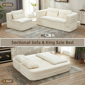 English Elm Multi Functional Corduroy Sectional Sofa with Convertible King Bed Chaise and Built-In Throw Beige+White W3219S00032