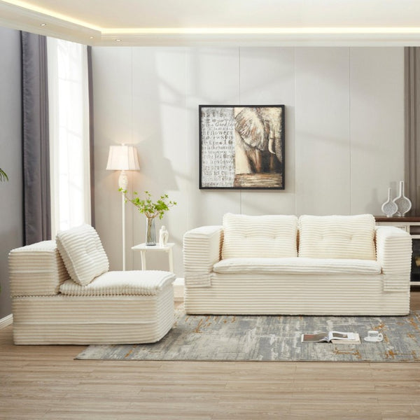 English Elm Multi Functional Corduroy Sectional Sofa with Convertible King Bed Chaise and Built-In Throw Beige+White W3219S00032