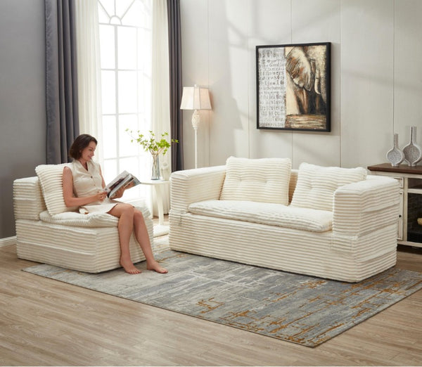 English Elm Multi Functional Corduroy Sectional Sofa with Convertible King Bed Chaise and Built-In Throw Beige+White W3219S00032
