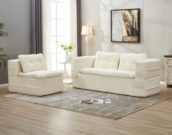 English Elm Multi Functional Corduroy Sectional Sofa with Convertible King Bed Chaise and Built-In Throw Beige+White W3219S00032