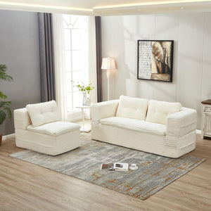 English Elm Multi Functional Corduroy Sectional Sofa with Convertible King Bed Chaise and Built-In Throw Beige+White W3219S00032
