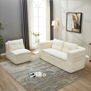 English Elm Multi Functional Corduroy Sectional Sofa with Convertible King Bed Chaise and Built-In Throw Beige+White W3219S00032