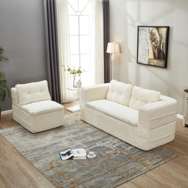English Elm Multi Functional Corduroy Sectional Sofa with Convertible King Bed Chaise and Built-In Throw Beige+White W3219S00032