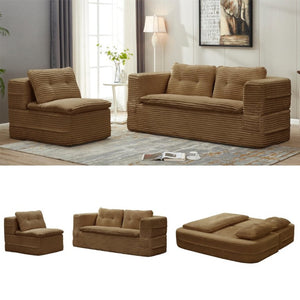 English Elm Multi Functional Corduroy Sectional Sofa with Convertible King Bed Chaise and Built-In Throw Camel W3219S00033