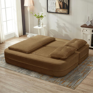 English Elm Multi Functional Corduroy Sectional Sofa with Convertible King Bed Chaise and Built-In Throw Camel W3219S00033