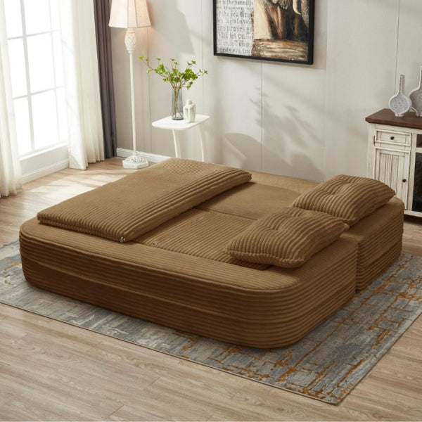 English Elm Multi Functional Corduroy Sectional Sofa with Convertible King Bed Chaise and Built-In Throw Camel W3219S00033