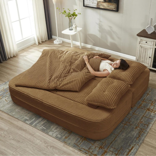English Elm Multi Functional Corduroy Sectional Sofa with Convertible King Bed Chaise and Built-In Throw Camel W3219S00033