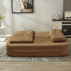 English Elm Multi Functional Corduroy Sectional Sofa with Convertible King Bed Chaise and Built-In Throw Camel W3219S00033