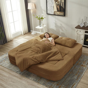English Elm Multi Functional Corduroy Sectional Sofa with Convertible King Bed Chaise and Built-In Throw Camel W3219S00033