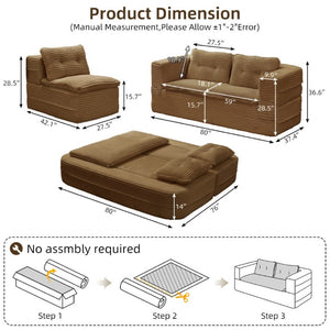 English Elm Multi Functional Corduroy Sectional Sofa with Convertible King Bed Chaise and Built-In Throw Camel W3219S00033