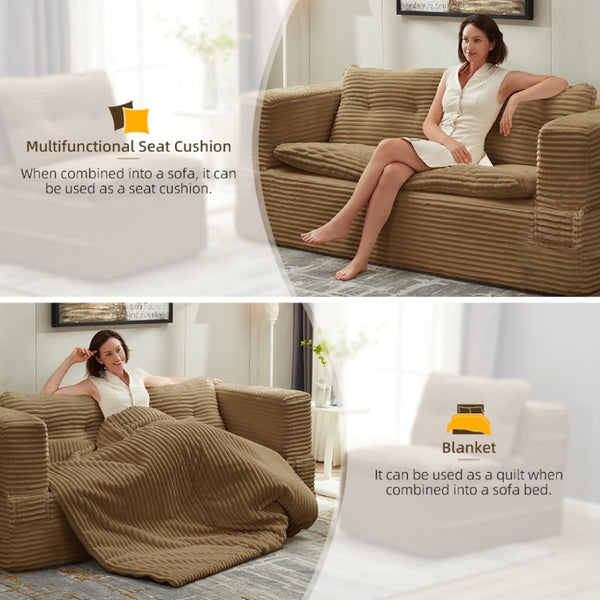 English Elm Multi Functional Corduroy Sectional Sofa with Convertible King Bed Chaise and Built-In Throw Camel W3219S00033