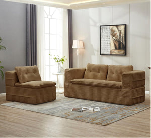 English Elm Multi Functional Corduroy Sectional Sofa with Convertible King Bed Chaise and Built-In Throw Camel W3219S00033
