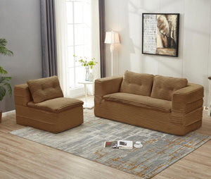 English Elm Multi Functional Corduroy Sectional Sofa with Convertible King Bed Chaise and Built-In Throw Camel W3219S00033