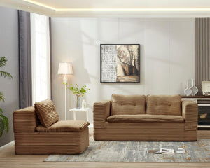English Elm Multi Functional Corduroy Sectional Sofa with Convertible King Bed Chaise and Built-In Throw Camel W3219S00033