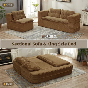 English Elm Multi Functional Corduroy Sectional Sofa with Convertible King Bed Chaise and Built-In Throw Camel W3219S00033
