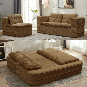 English Elm Multi Functional Corduroy Sectional Sofa with Convertible King Bed Chaise and Built-In Throw Camel W3219S00033