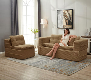 English Elm Multi Functional Corduroy Sectional Sofa with Convertible King Bed Chaise and Built-In Throw Camel W3219S00033