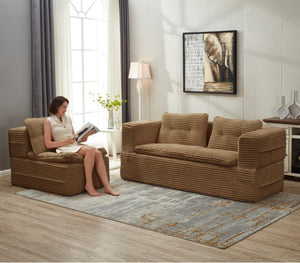 English Elm Multi Functional Corduroy Sectional Sofa with Convertible King Bed Chaise and Built-In Throw Camel W3219S00033